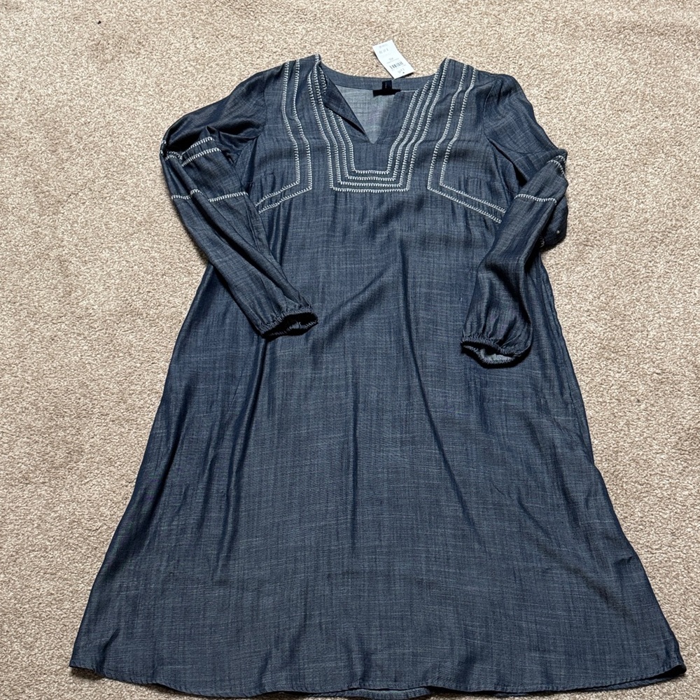 Women's J Jill lightweight Denim Tencel Embroidered V-Neck Midi Dress NWT XS